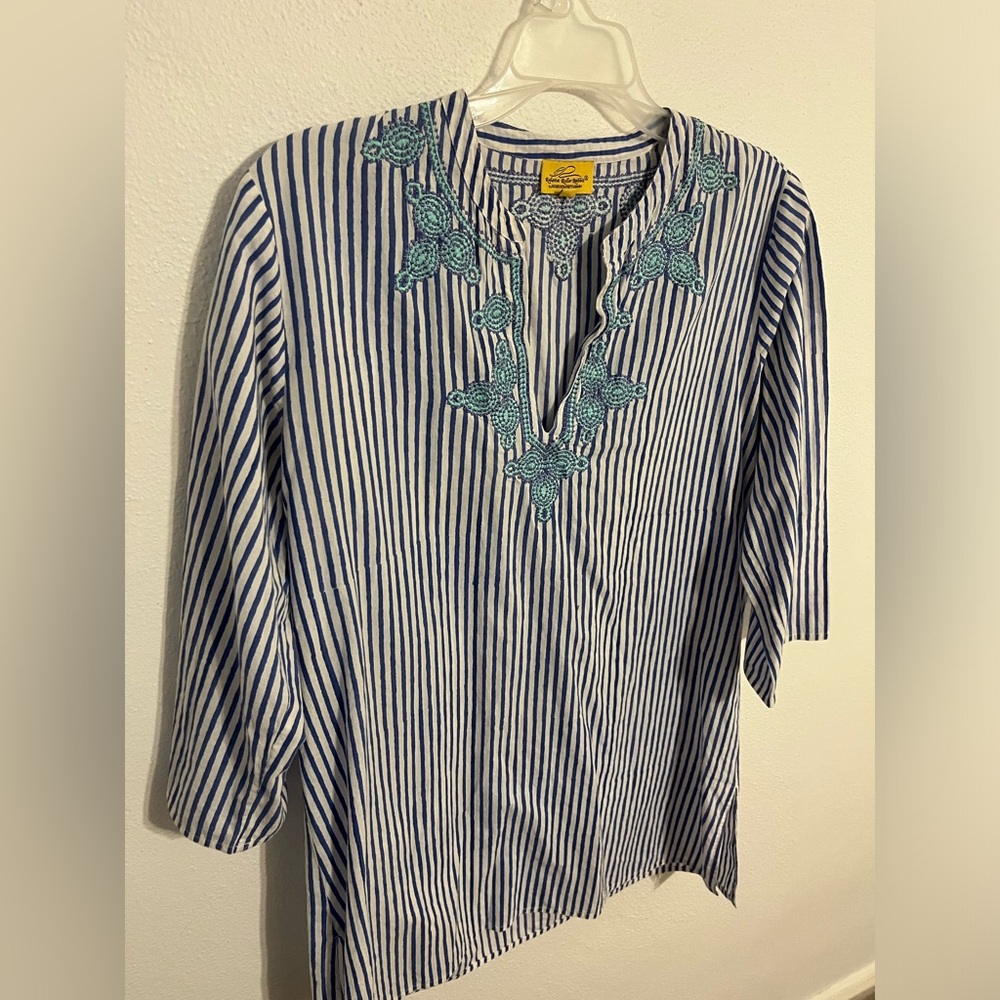 ROBERTA ROLLER RABBIT Blue and White Striped Tunic Size Medium